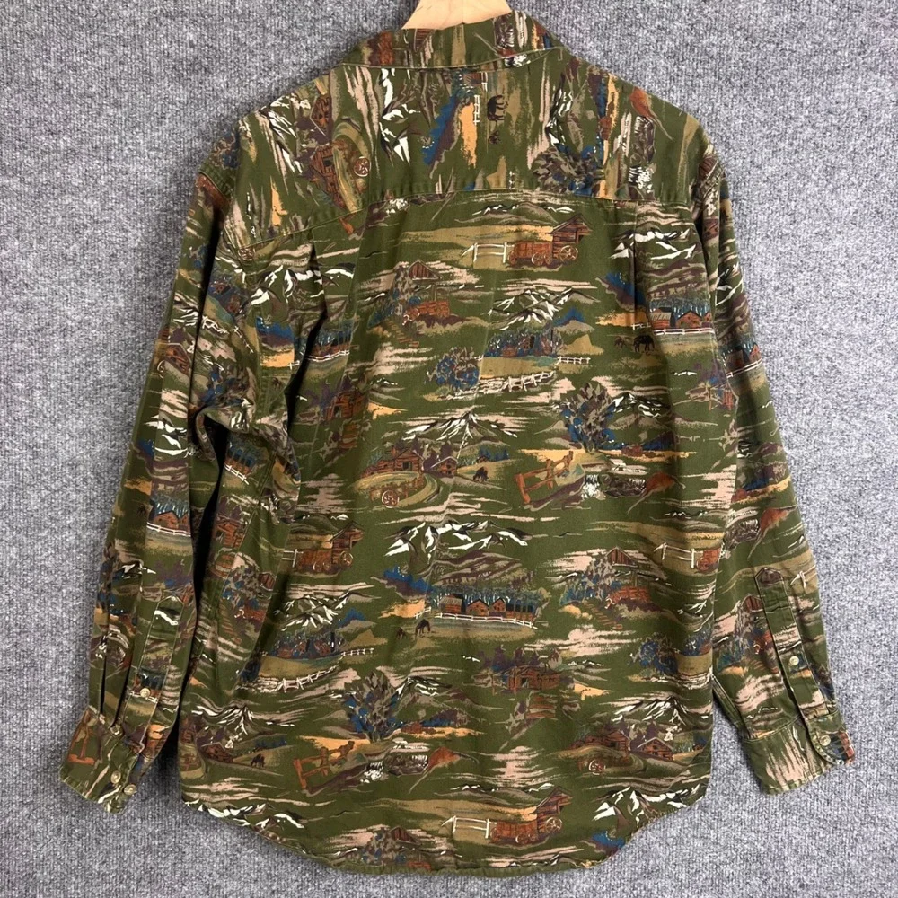VINTAGE Banana Republic Button Down Mens M Green Scenic Cabin Print Cotton